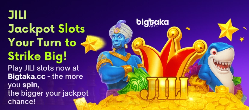 Bigtaka JILI Jackpot banner Bigtaka JILI Jackpot banner with genie, shark, gold coins, jester crown & ‘Your Turn to Strike Big’